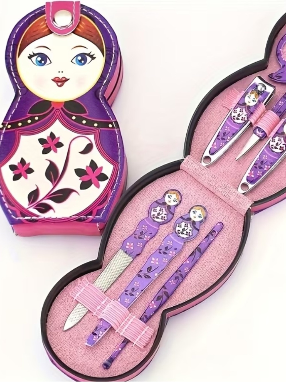 Russian Doll Manicure Set Matryoshka Nail Kit Travel Case Red Blue Pink Purple🪆 - Picture 4 of 8